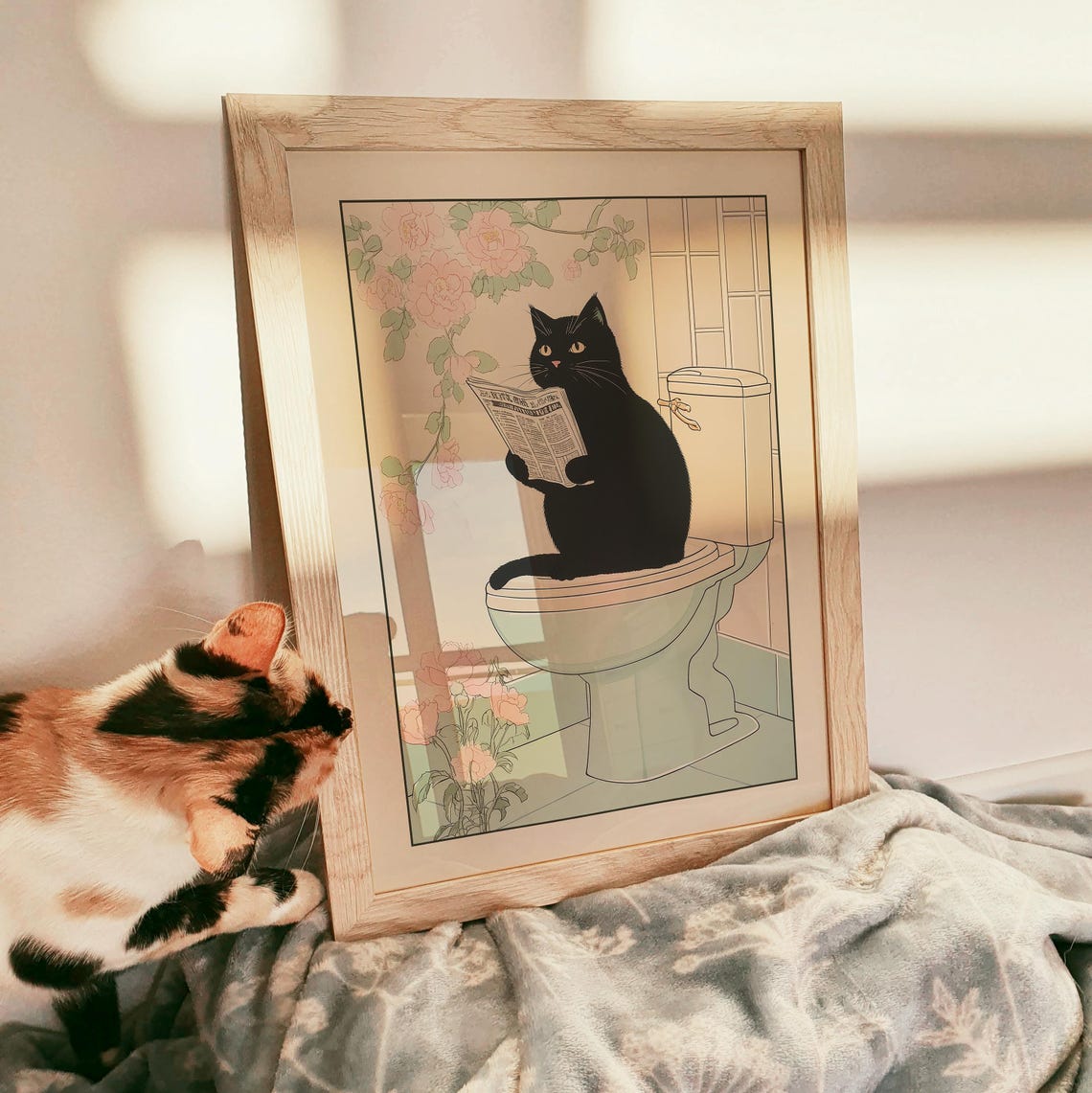 Black Cat Sitting on a Toilet Reading a Newspaper Japanese Poster - Image 3