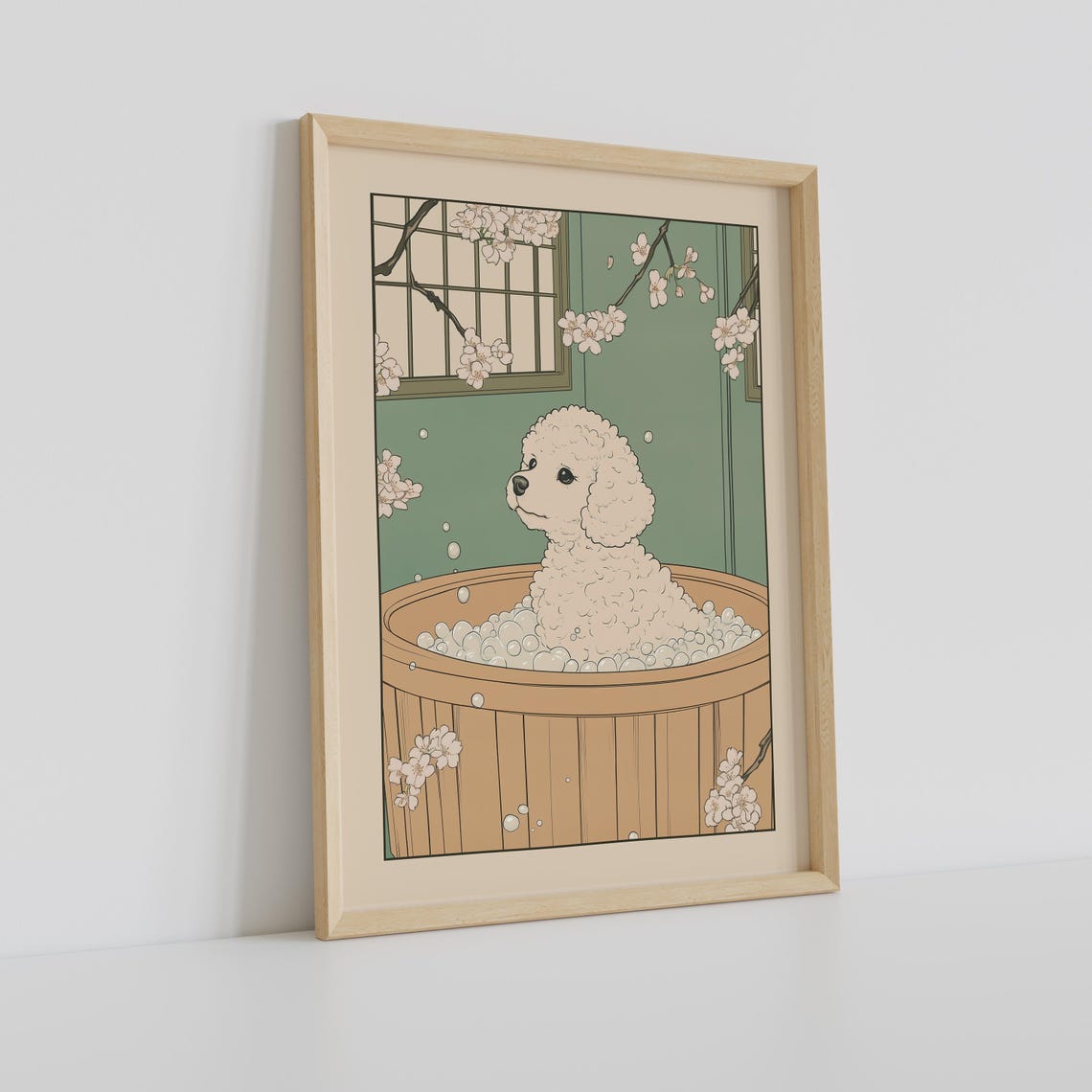 White Toy Poodle Bubble Bath in Wooden Tub With Sakura Poster - Image 2