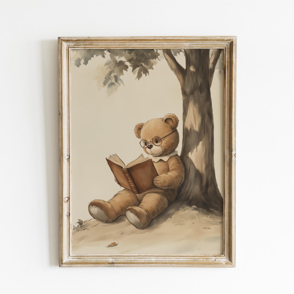 Teddy Bear with Glasses Reading a Book Under a Big Tree Poster
