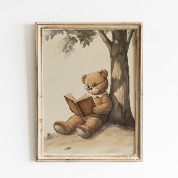 Teddy Bear with Glasses Reading a Book Under a Big Tree Poster