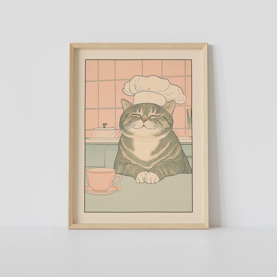 Gray Tabby Cat Chef Hat Kitchen Coffee Cup Japandi Art Poster