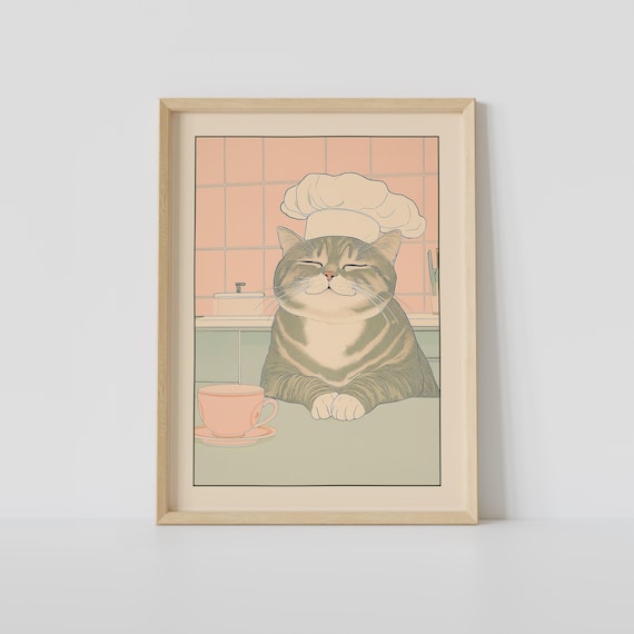 Gray Tabby Cat Chef Hat Kitchen Coffee Cup Japandi Art Poster