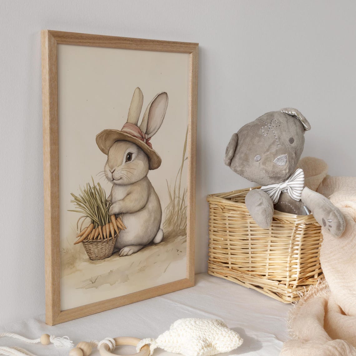 Bunny in a Sunhat Sitting Beside a Basket of Carrots Nursery Poster - Image 3