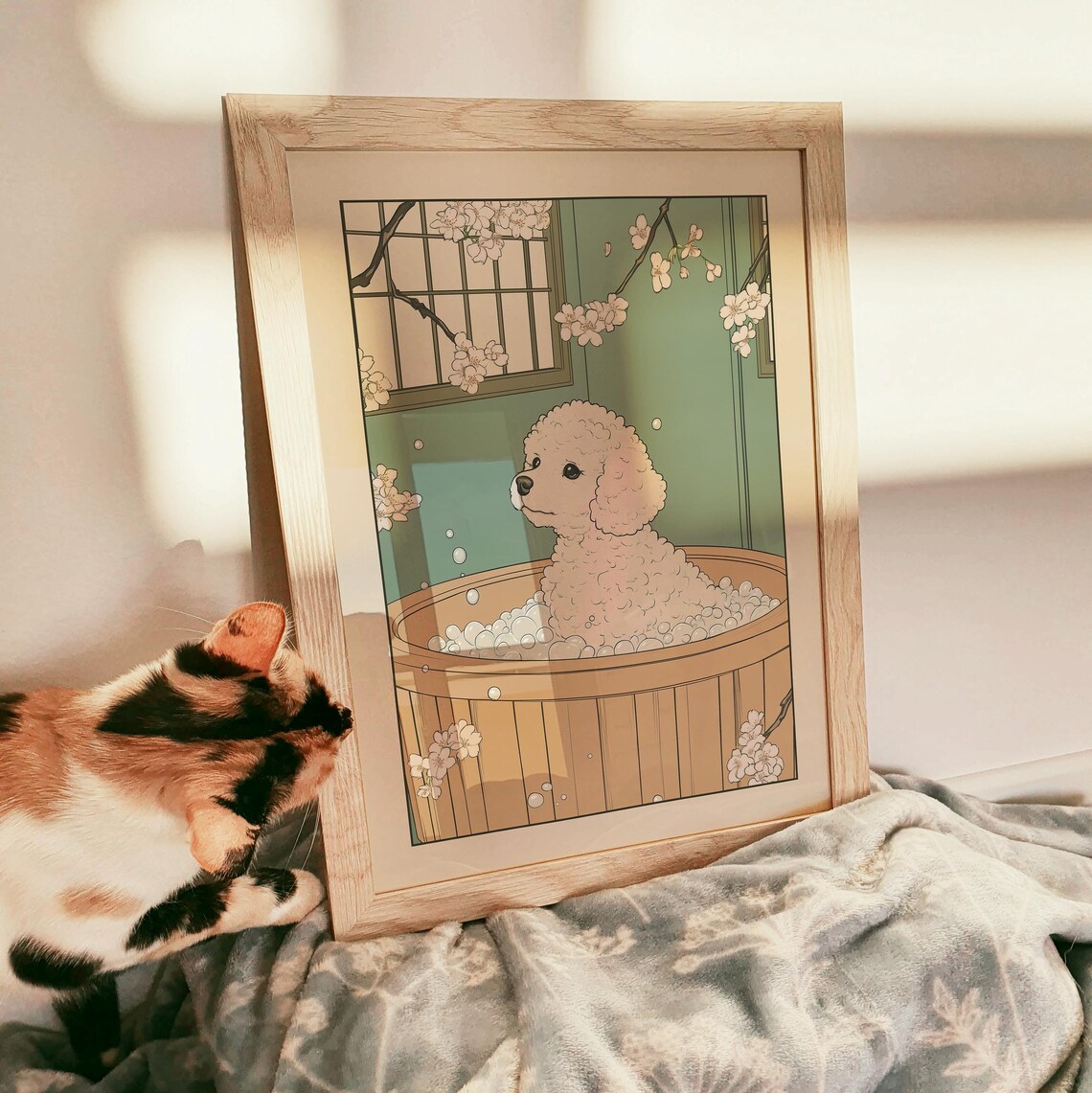 White Toy Poodle Bubble Bath in Wooden Tub With Sakura Poster - Image 3