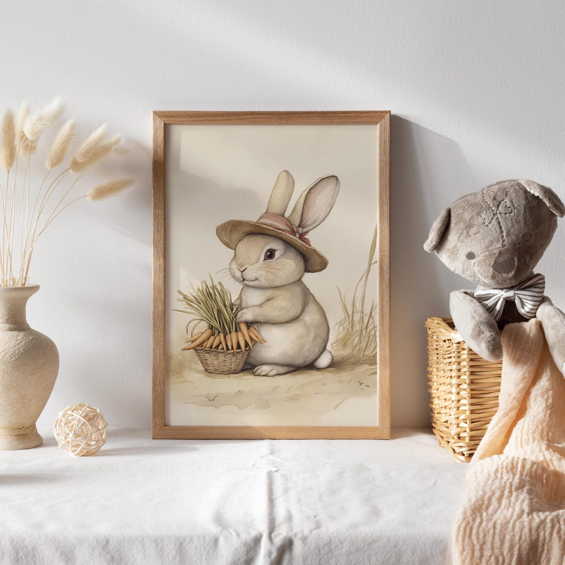 Bunny in a Sunhat Sitting Beside a Basket of Carrots Nursery Poster - Image 2