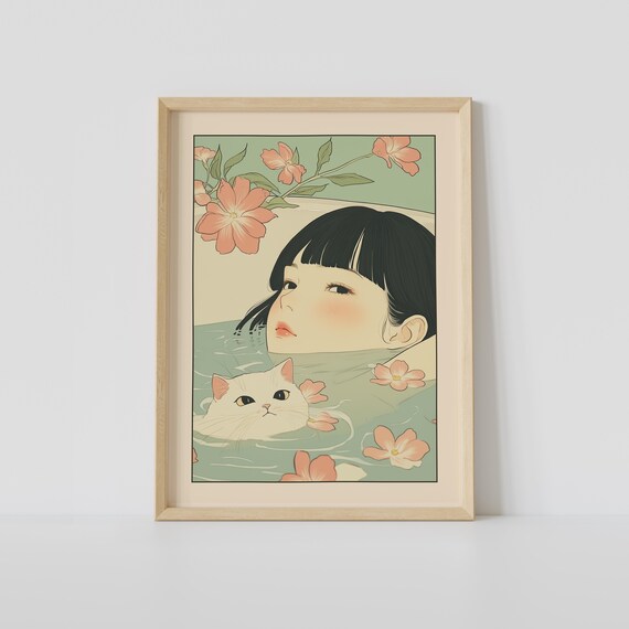 Japanese Girl Bathing with a White Cat Among Blooming Flowers Poster