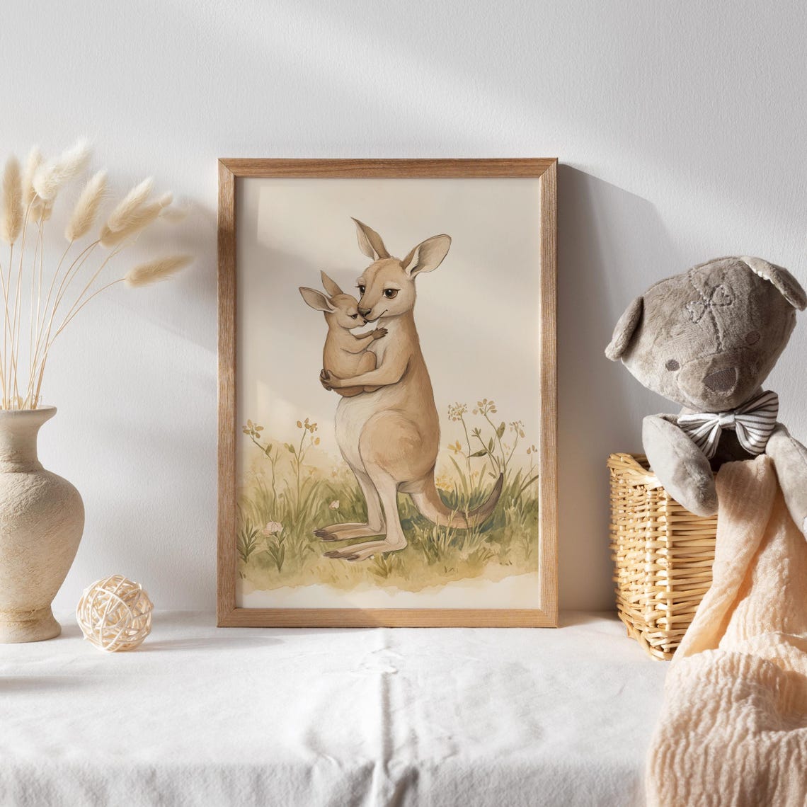 Mother Kangaroo Hugging Joey in Wildflower Meadow Nursery Poster - Image 2