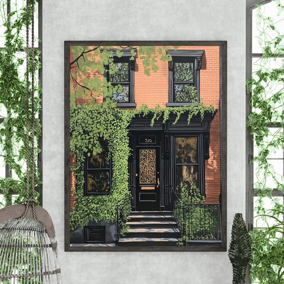Brick Townhouse Black Door Number 202 Ivy Covered Facade Poster