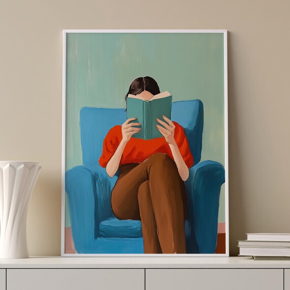 Woman Reading Book in Blue Armchair Cozy Red Sweater Art Poster
