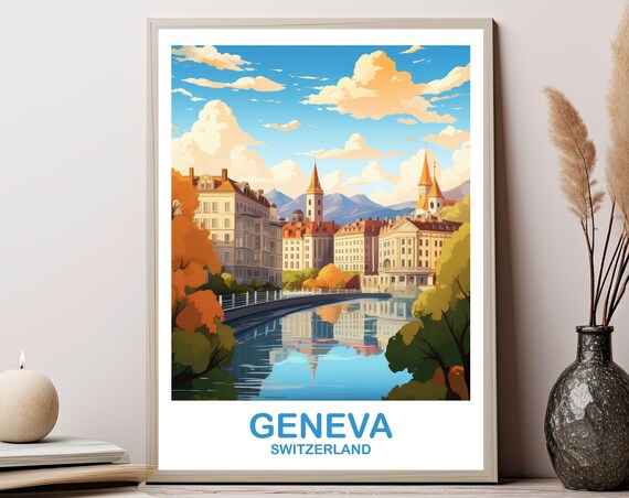 Geneva Travel Wall Art Switzerland Poster City Skyline Sunset T2euswge1
