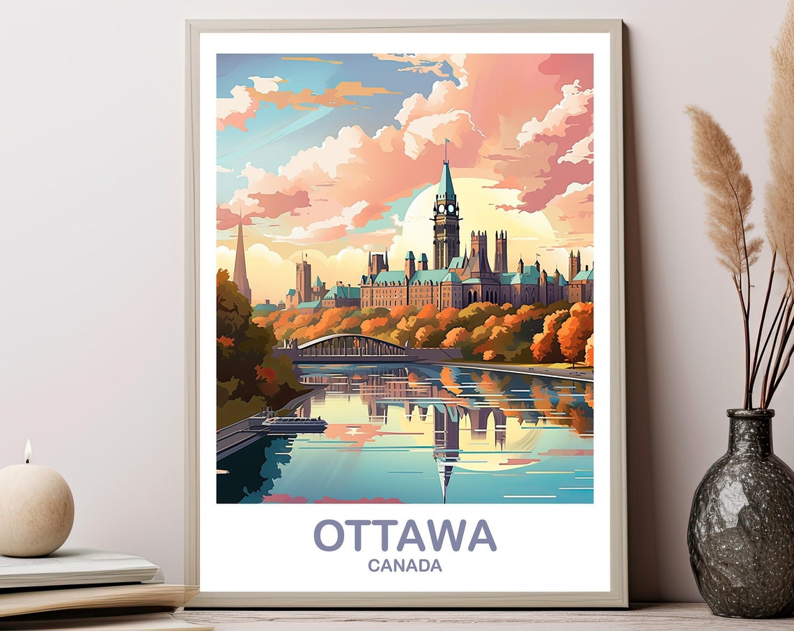 Ottawa Peace Tower Sunset Bridge Reflection Travel Style Poster