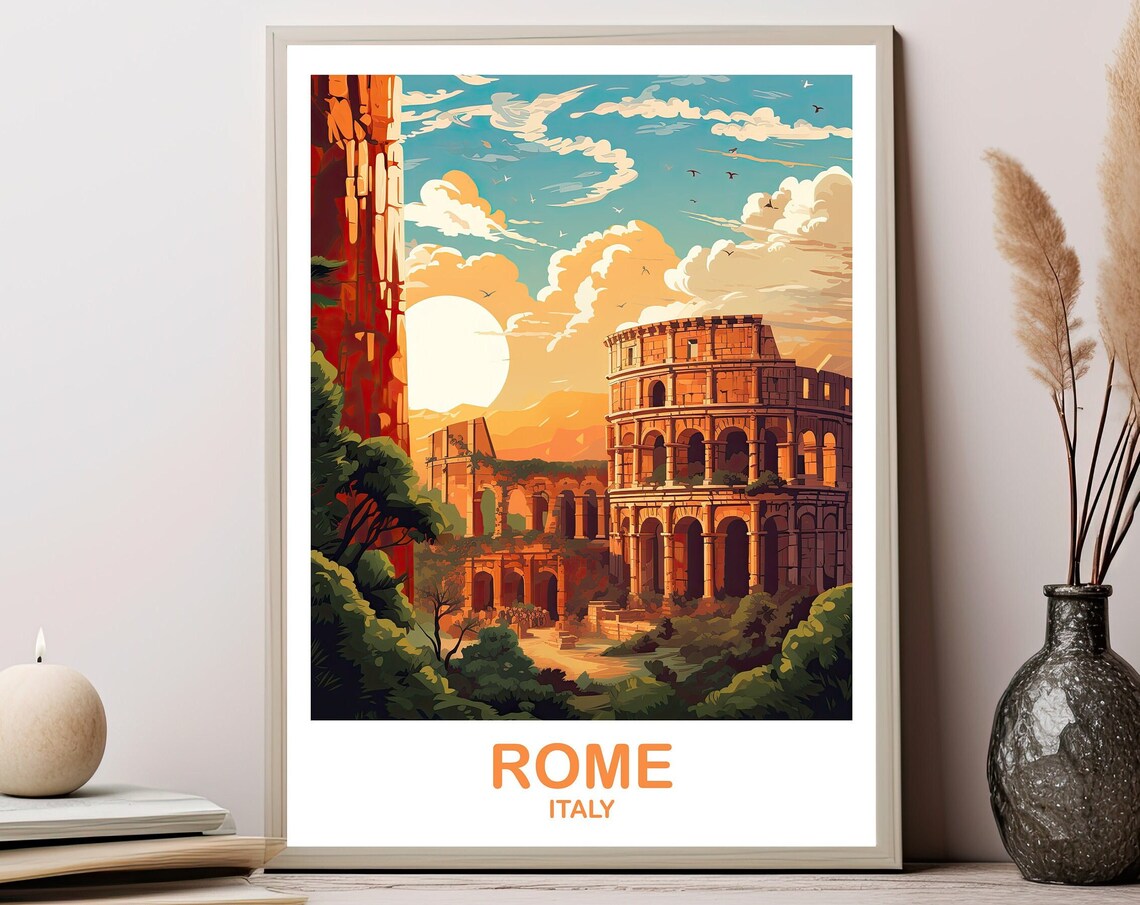 Rome Italy Colosseum Roman Forum Ruins Golden Sunset Travel Poster