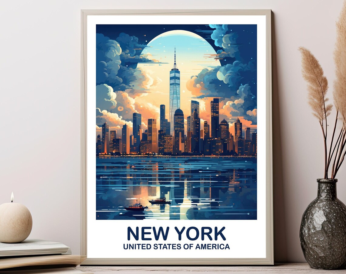 New York Travel Poster, Manhattan Skyline Sunset