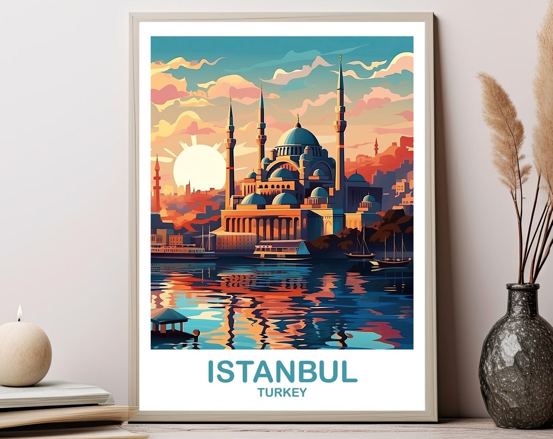 Istanbul Turkey Sunset Mosque Waterfront Golden Travel Poster