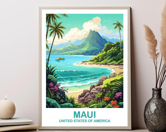 Maui Tropical Beach Palm Trees Volcano Retro Travel Art Poster