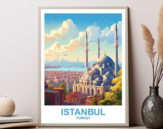 Istanbul Turkey Mosque Skyline Bosphorus Golden Travel Poster