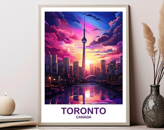 Toronto Canada CN Tower Sunset Cityscape Neon Night Art Poster