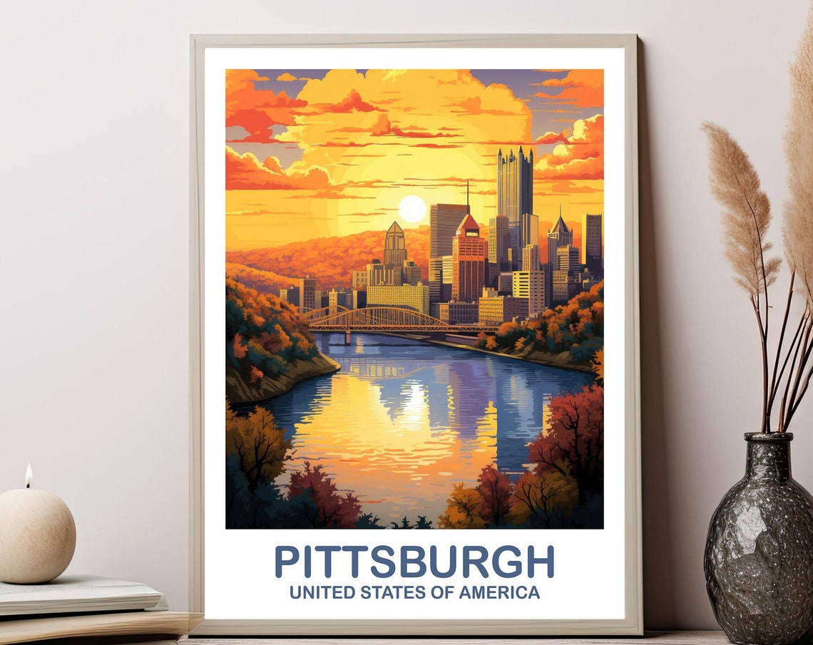 Pittsburgh Pennsylvania Sunset Skyline River Bridges Travel Poster