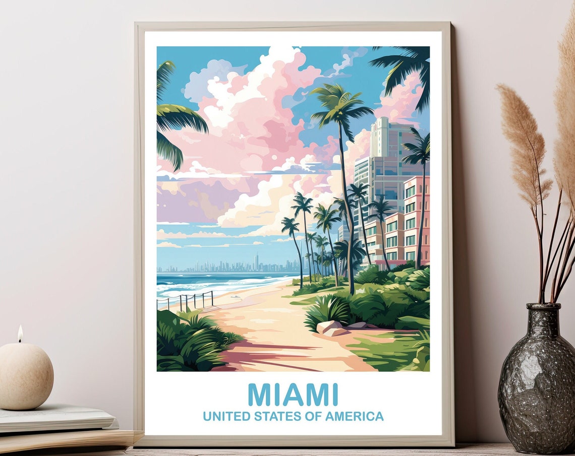 Miami Beach Palm Trees Ocean Coastline Vintage Travel Art Poster