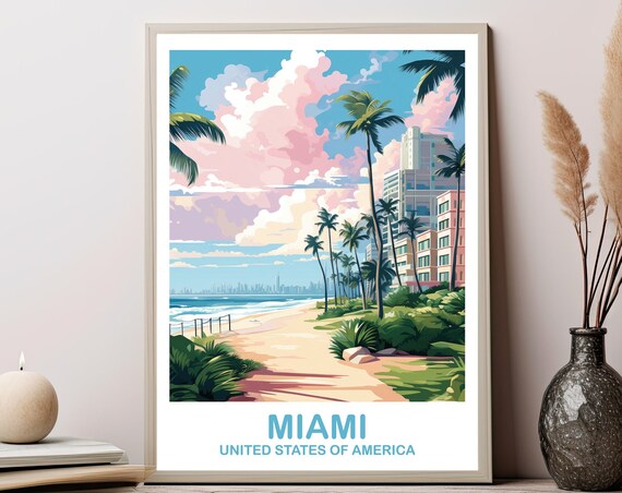 Miami Beach Palm Trees Ocean Coastline Vintage Travel Art Poster