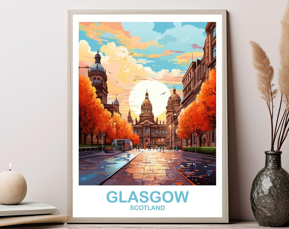 Glasgow Scotland Sunset Square Historic City Vintage Travel Poster