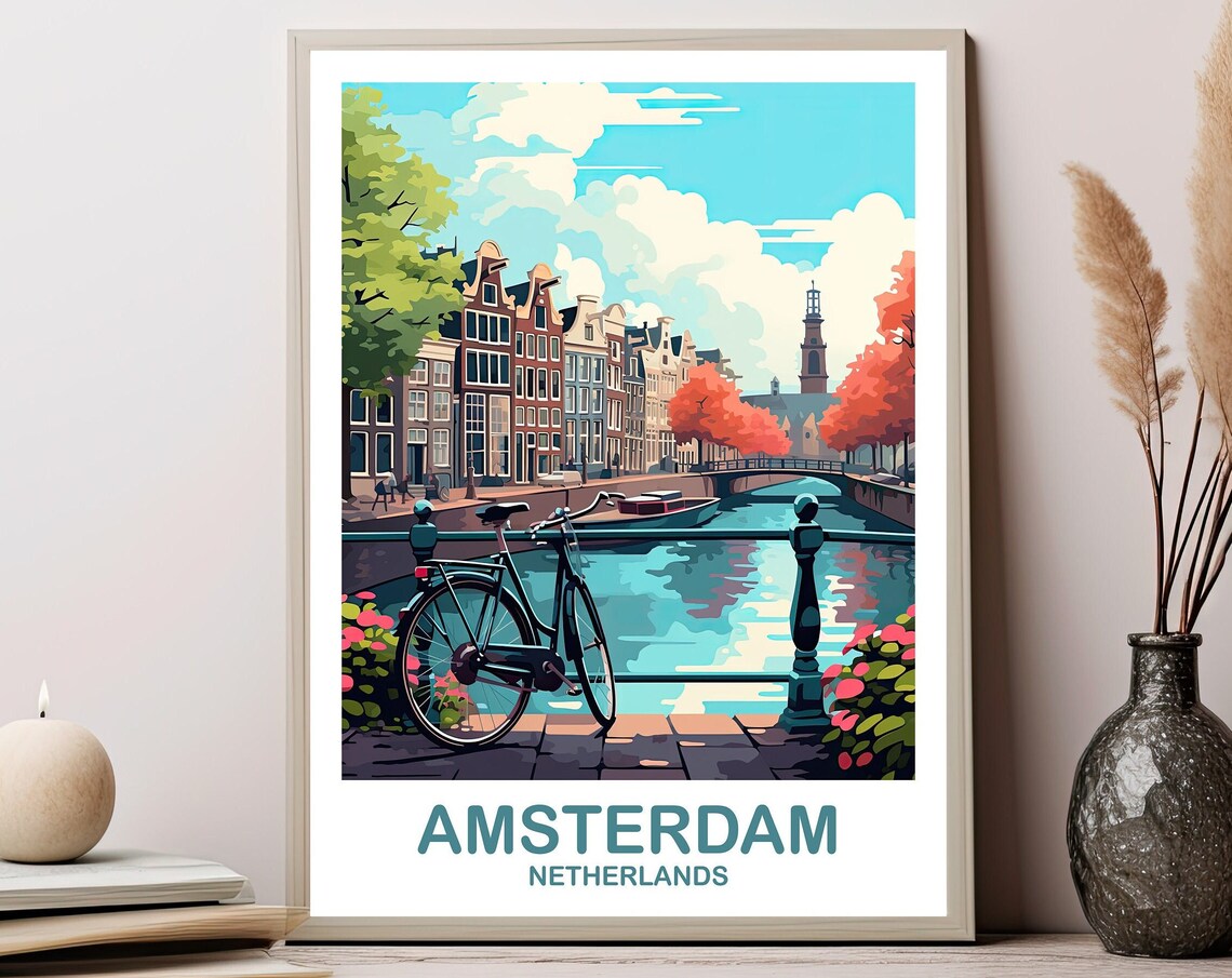 Amsterdam Netherlands Bicycle on Canal Bridge Colorful Travel Poster