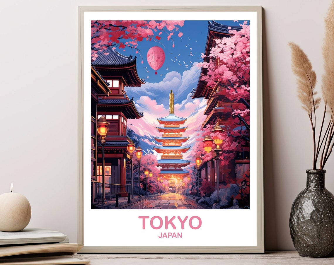 Tokyo Japan Cherry Blossom Pagoda Spring Night Lanterns Poster