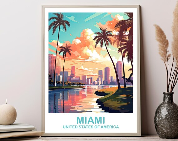 Miami Skyline Sunset Palm Trees Bay Reflection Travel Art Poster