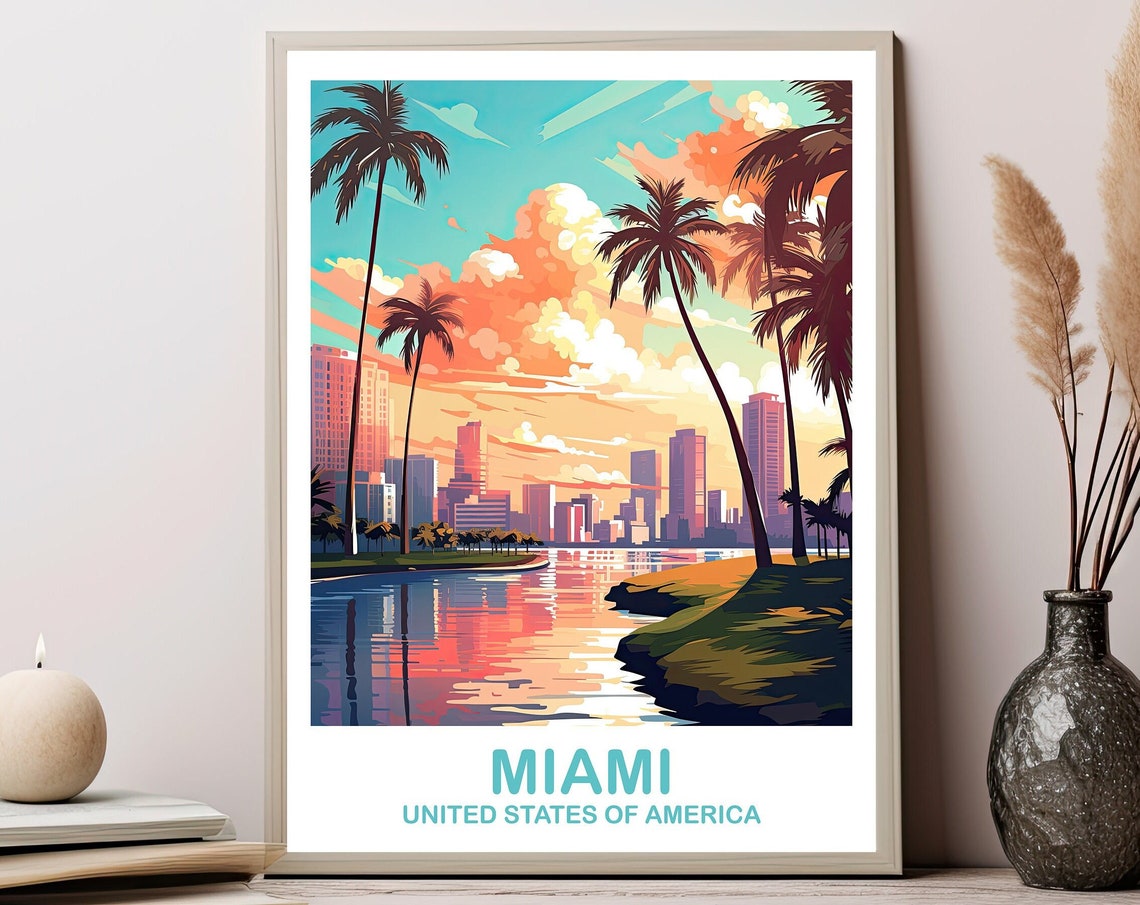 Miami Skyline Sunset Palm Trees Bay Reflection Travel Art Poster