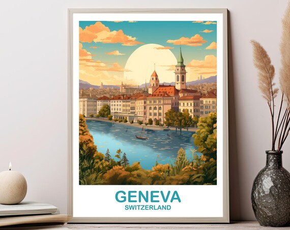 Geneva Travel Wall Art Switzerland Poster City Skyline Sunset T2euswge2