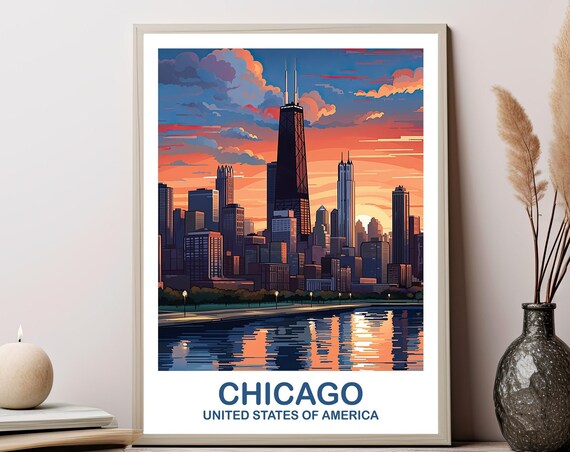 Chicago Illinois Skyline Sunset Reflection Retro Travel Poster