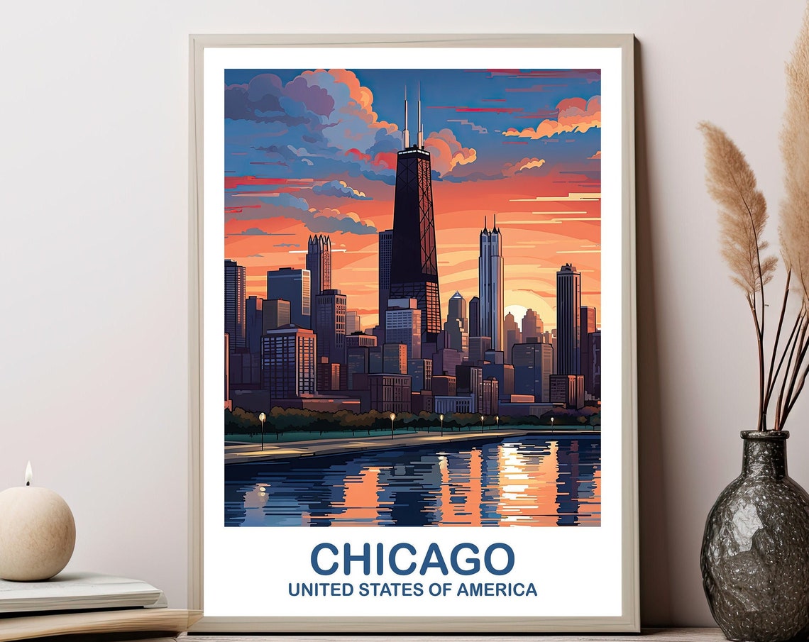 Chicago Illinois Skyline Sunset Reflection Retro Travel Poster