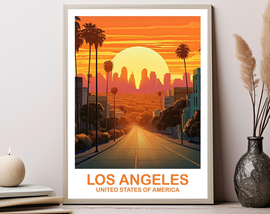 Los Angeles Sunset Boulevard Palm Trees Retro Travel Art Poster
