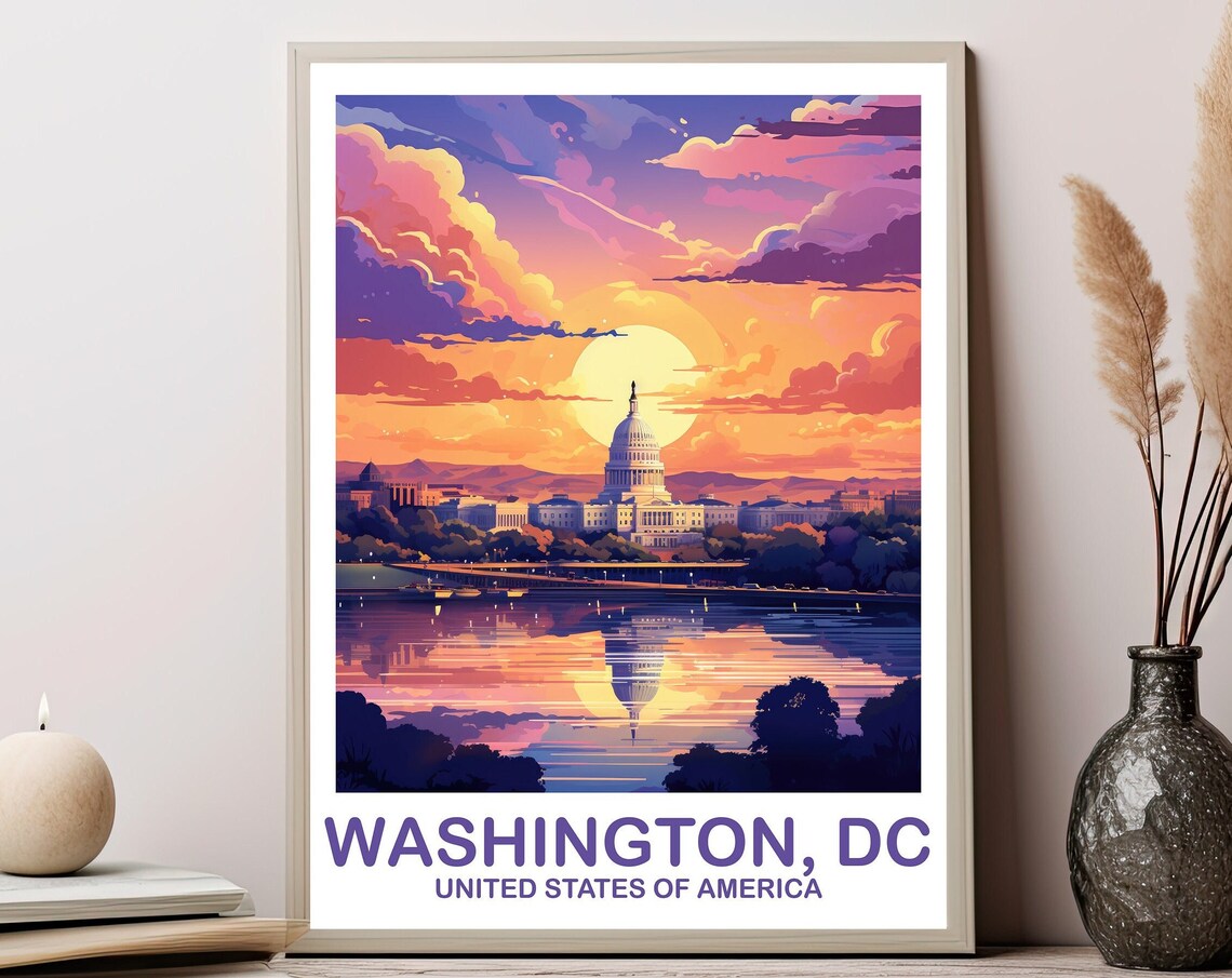 Washington DC Travel US Capitol Building Sunset Sky Water Reflection Poster