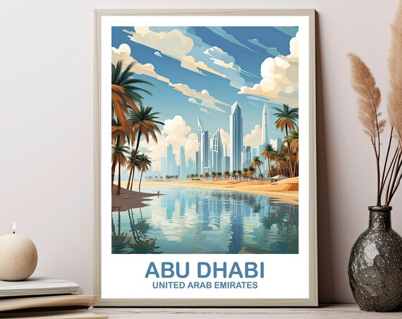 Abu Dhabi Skyline Beach United Arab Emirates Vintage Travel Poster