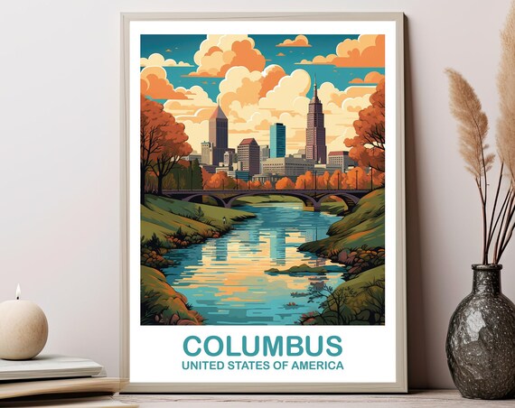Columbus Ohio Skyline River Bridge Autumn Retro Travel Art Poster