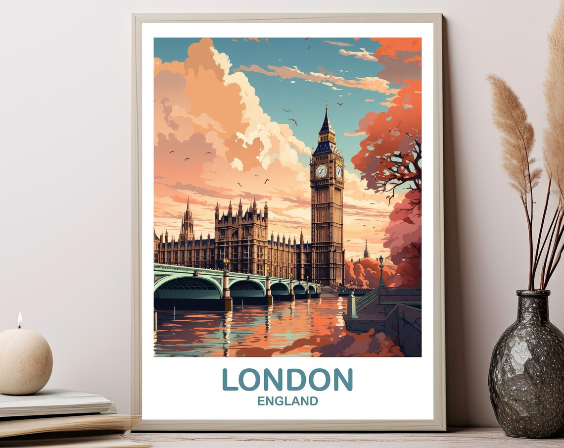 London England Big Ben Parliament Sunset Vintage Travel Poster