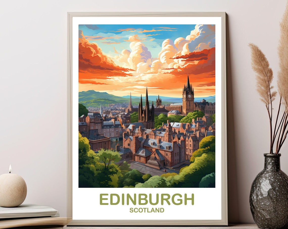 Edinburgh Scotland Dramatic Sunset Skyline Vintage Travel Poster