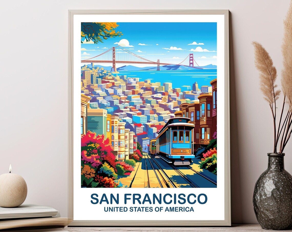 San Francisco Cable Car Golden Gate Bridge Hillside Travel Poster