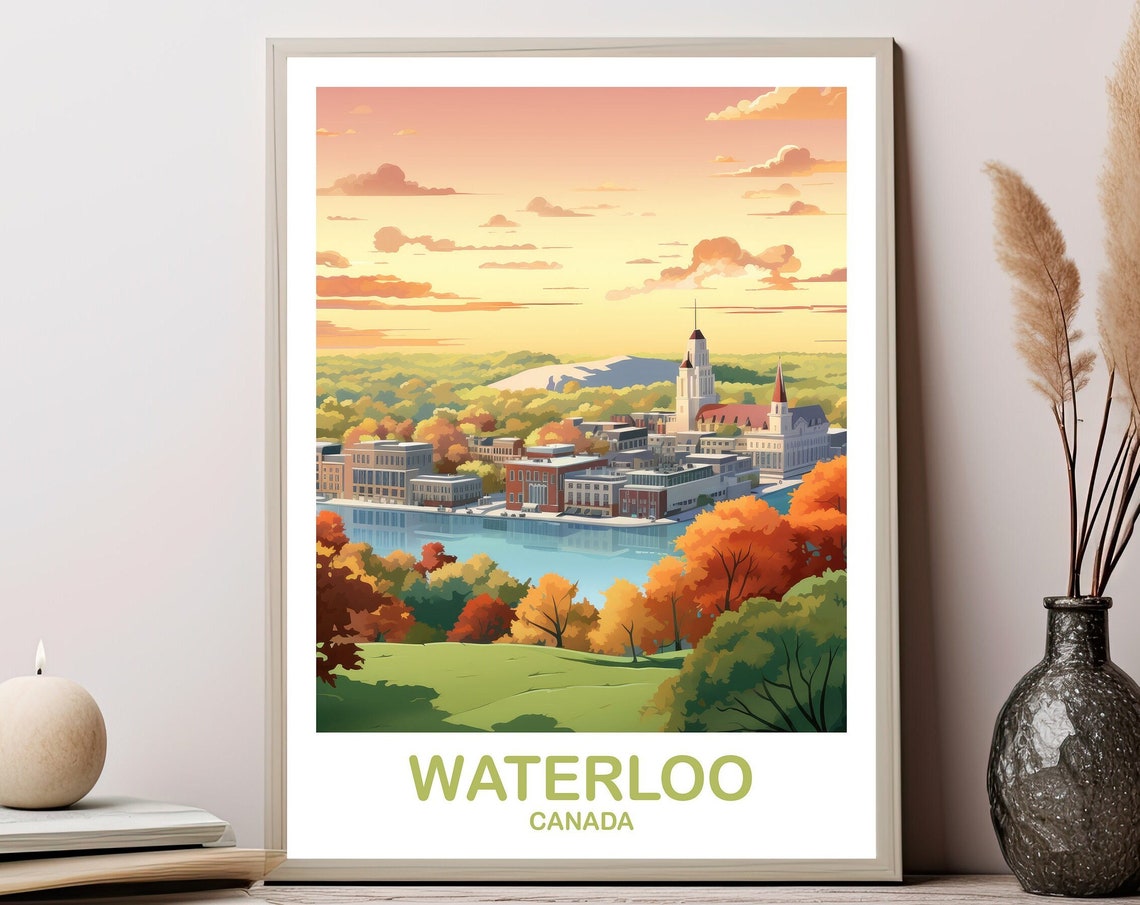 Waterloo Canada Autumn River Town Sunset Travel Poster Decor Art