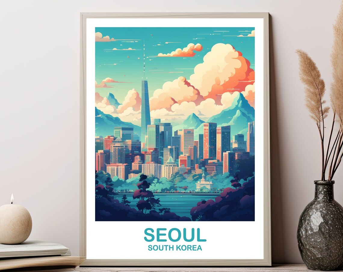 Vintage Seoul South Korea Skyline N Seoul Tower Travel Poster
