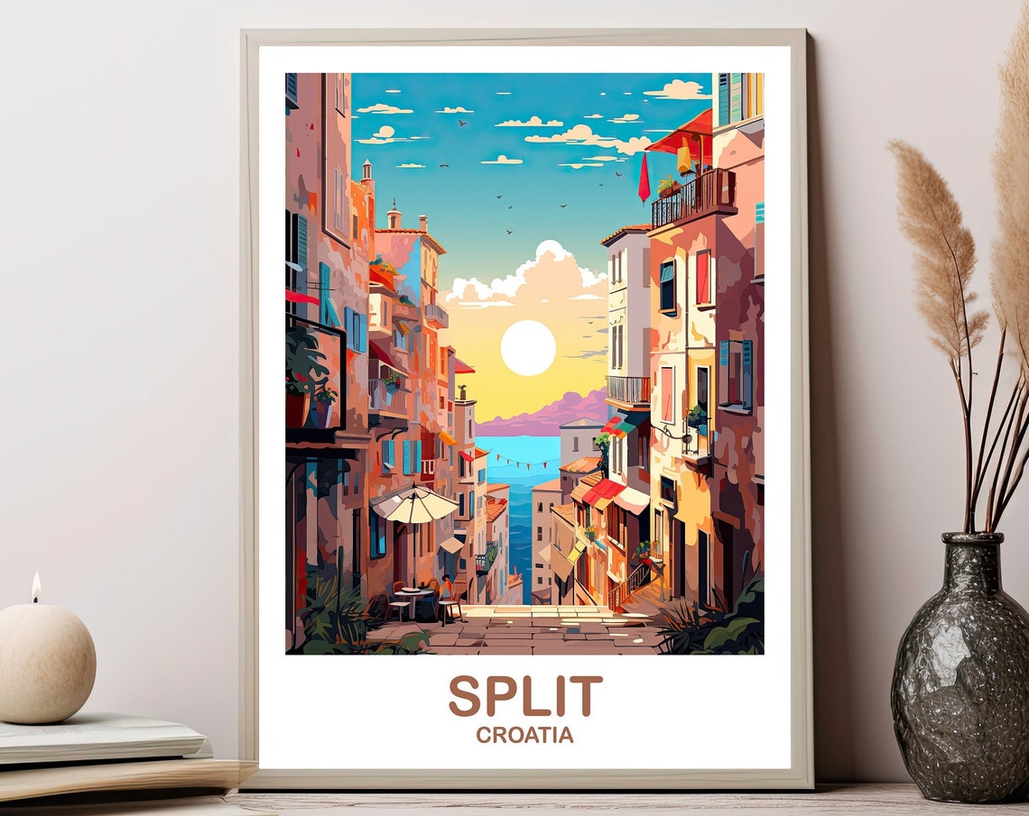 Split Croatia Old Town Street Sunset Sea Vintage Travel Poster