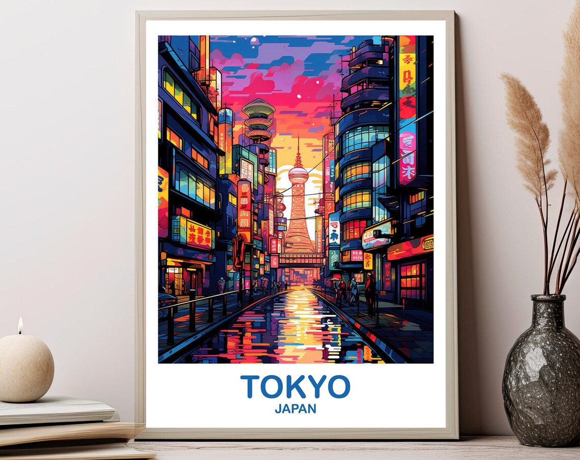 Tokyo Japan Neon City Tower Sunset Cyberpunk Pop Art Street Poster