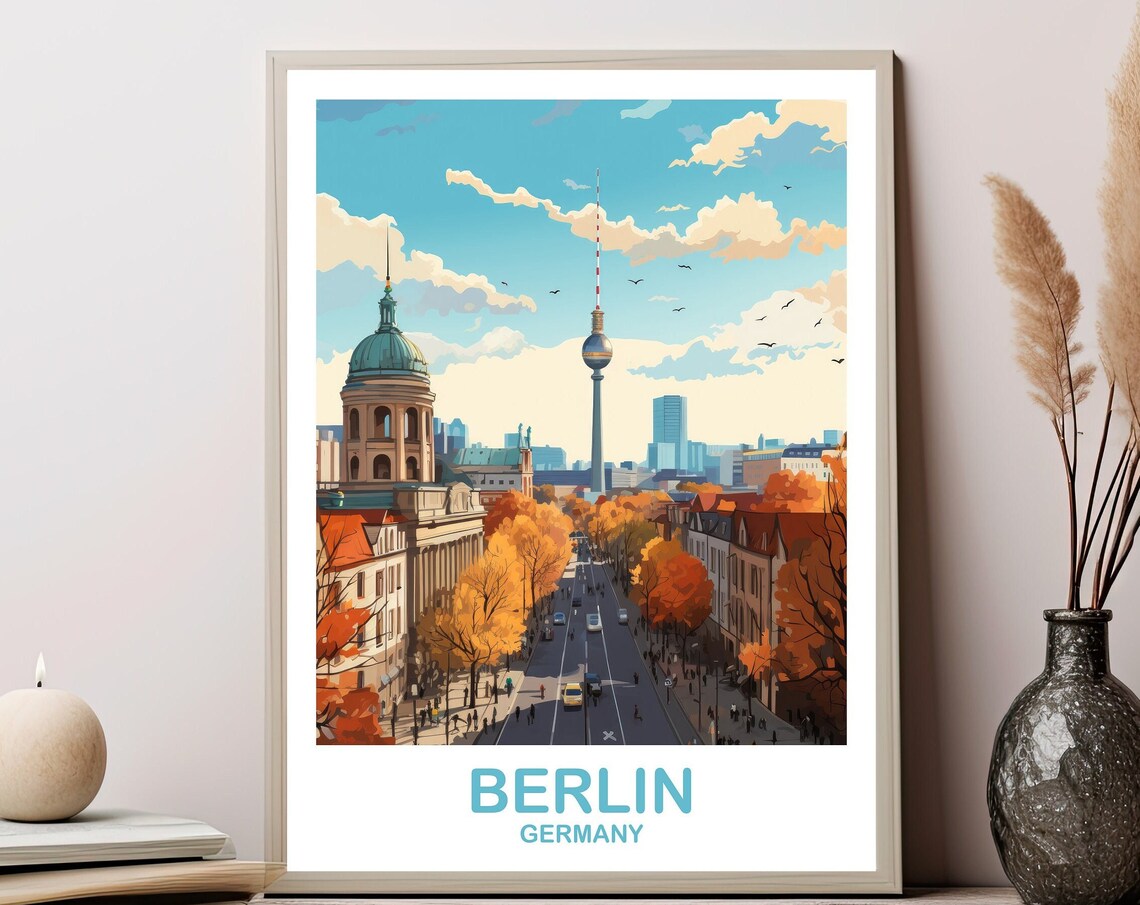 Berlin Germany TV Tower Autumn Street Retro Vintage Travel Poster