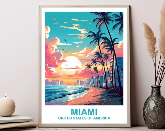 Miami Beach Sunrise Palm Trees Ocean Waves Vintage Art Poster