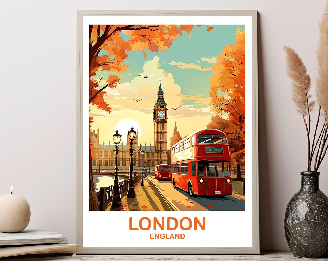 London England Autumn Big Ben Red Bus Colorful Travel Poster