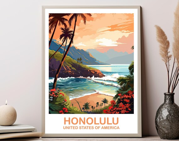Honolulu Tropical Beach Red Flowers Ocean View Travel Art Poster