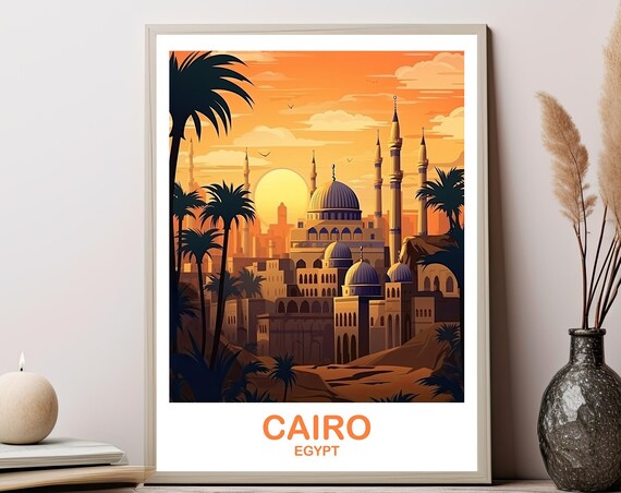 Cairo Egypt Golden Sunset Skyline Palm Trees Vintage Travel Poster