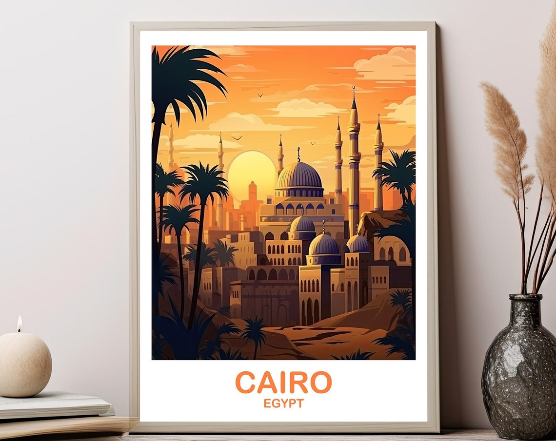 Cairo Egypt Golden Sunset Skyline Palm Trees Vintage Travel Poster