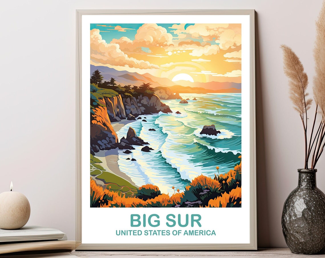 Big Sur California Coastal Cliffs Sunset Ocean Waves Travel Poster